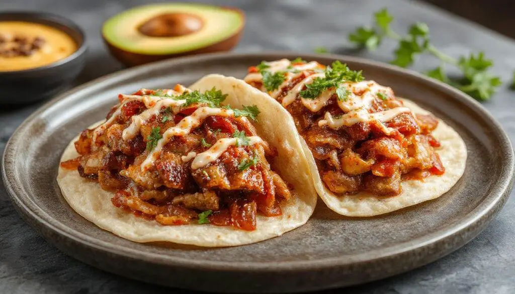 Close-up of freshly prepared Pollo Asado Tacos with grilled chicken, vibrant toppings, and lime wedges