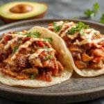Close-up of freshly prepared Pollo Asado Tacos with grilled chicken, vibrant toppings, and lime wedges
