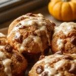 A close-up shot of a batch of golden-brown pumpkin coffee cake muffins arranged on a rustic wooden surface. The muffins are topped with a crumbly streusel and a drizzle of glaze, showcasing their moist texture and inviting appearance. Some muffins are partially broken, revealing the vibrant orange pumpkin swirl inside, and the crumbs are scattered around for a cozy, homemade feel.