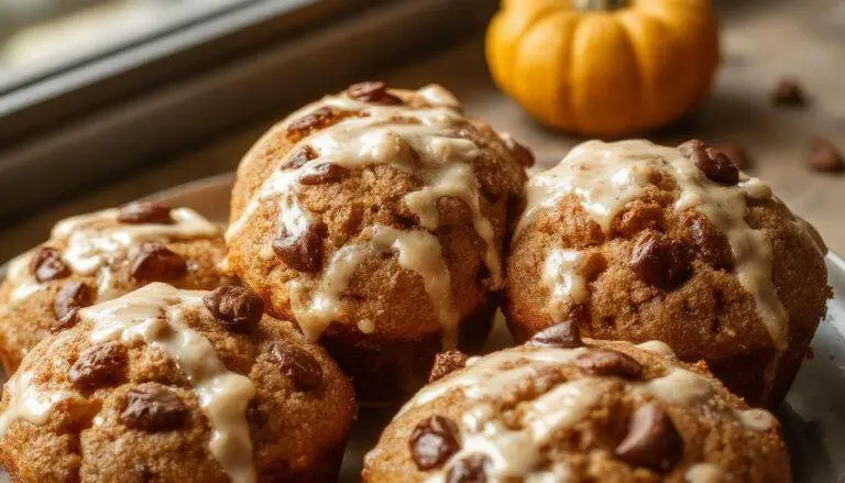 A close-up shot of a batch of golden-brown pumpkin coffee cake muffins arranged on a rustic wooden surface. The muffins are topped with a crumbly streusel and a drizzle of glaze, showcasing their moist texture and inviting appearance. Some muffins are partially broken, revealing the vibrant orange pumpkin swirl inside, and the crumbs are scattered around for a cozy, homemade feel.
