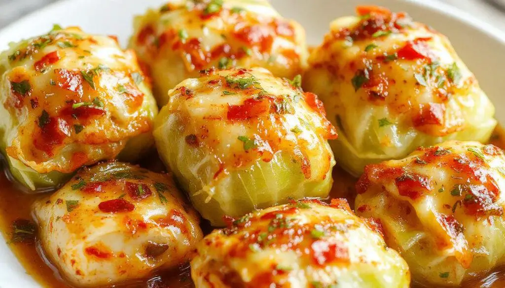 A close-up of vibrant cabbage rolls neatly arranged on a rustic wooden plate, filled with seasoned meat and rice, topped with a glossy tomato sauce, garnished with fresh herbs, showcasing textures of tender cabbage and savory filling.