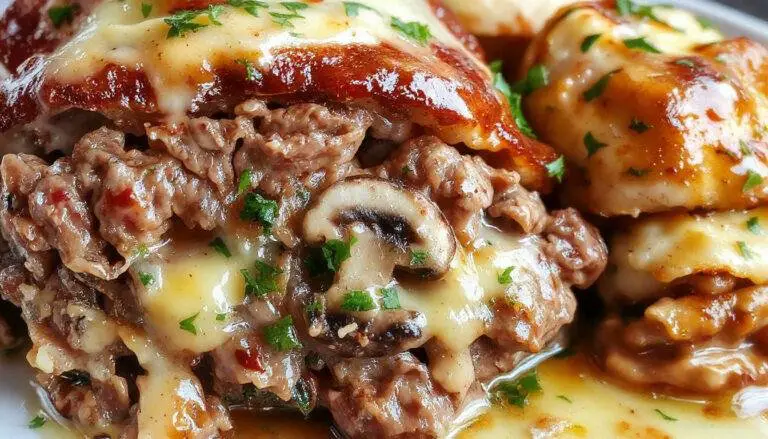 A savory mushroom meatloaf topped with melted Swiss cheese, sliced to reveal a moist interior filled with hearty chunks of mushrooms and herbs, placed on a rustic wooden platter with fresh herbs and a side of roasted vegetables.