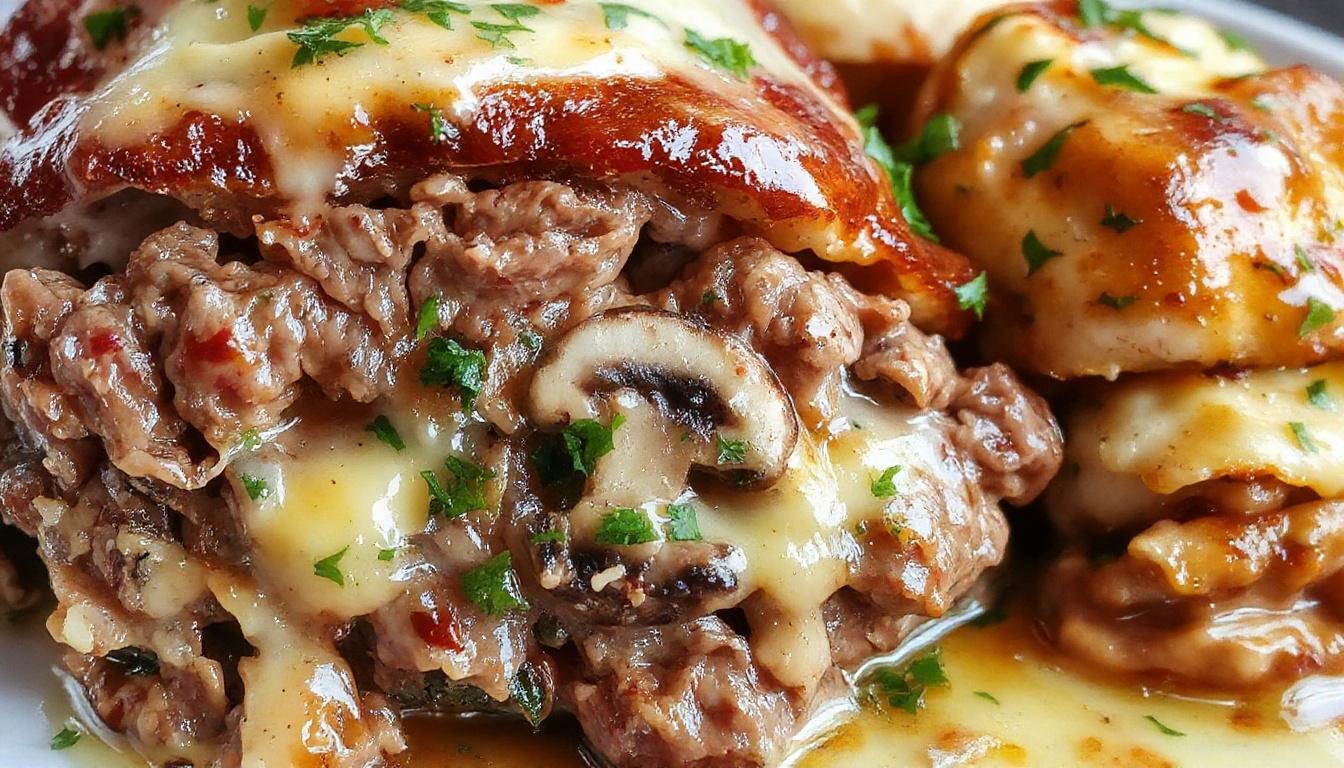 A savory mushroom meatloaf topped with melted Swiss cheese, sliced to reveal a moist interior filled with hearty chunks of mushrooms and herbs, placed on a rustic wooden platter with fresh herbs and a side of roasted vegetables.