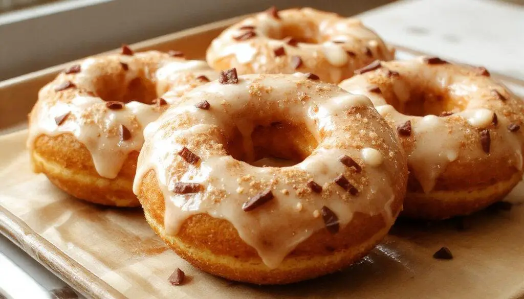 A close-up of a baking tray filled with golden-brown baked pumpkin donuts, topped with a light dusting of powdered sugar. The donuts are circular with a smooth, slightly textured surface, and the tray is set on a rustic wooden countertop with a few cinnamon sticks and small pumpkin decorations around for aesthetic appeal.