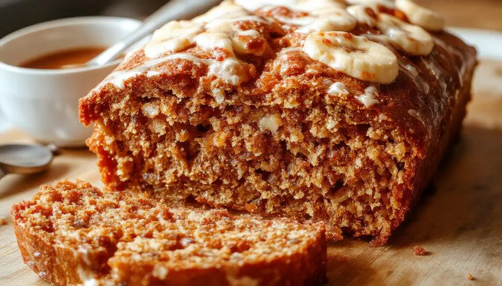 A sliced carrot cake banana bread loaf showcasing a moist, dense crumb with swirls of orange carrot and darker banana streaks, topped with a light dusting of cinnamon and a few chopped nuts on a rustic plate with a fork beside it.