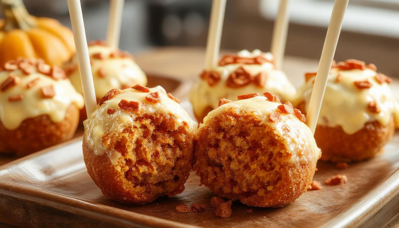 A close-up of several round pumpkin cake pops coated in vibrant orange and white drizzle, displayed on a rustic wooden surface with scattered fall leaves around, highlighting their smooth texture and festive presentation.