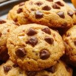 A close-up of a freshly baked pumpkin chocolate chip cookie with a golden-brown crust, dotted with semi-sweet chocolate chips, shown on a rustic wooden surface, with a few more cookies slightly blurred in the background.