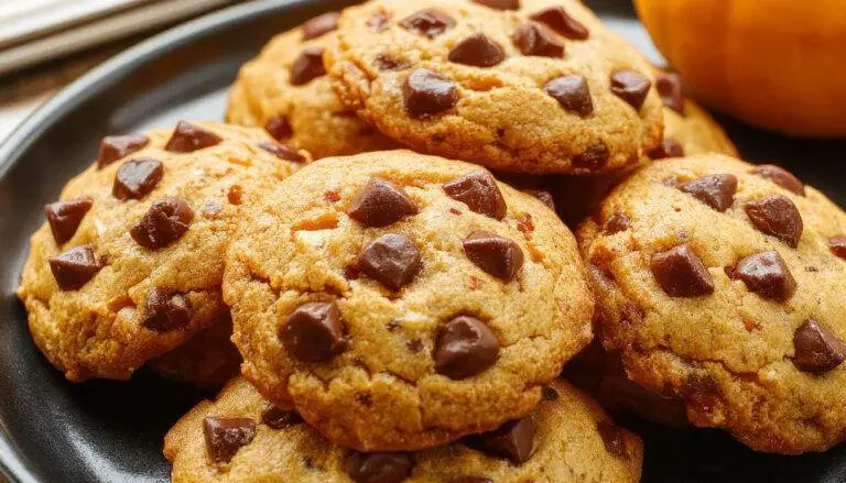 A close-up of a freshly baked pumpkin chocolate chip cookie with a golden-brown crust, dotted with semi-sweet chocolate chips, shown on a rustic wooden surface, with a few more cookies slightly blurred in the background.