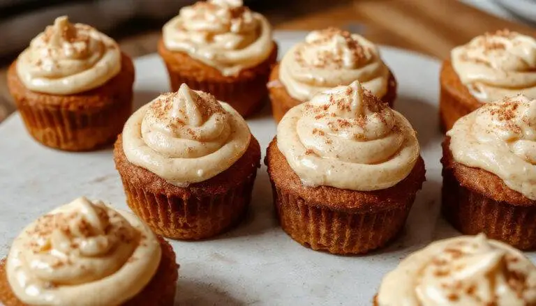 A close-up of three freshly baked pumpkin cupcakes decorated with swirls of creamy frosting, placed on a rustic white plate with a gentle autumn backdrop. The cupcakes have a golden-brown top with hints of orange pumpkin, and the frosting is smooth and inviting, with a slight sheen, topped with a small pumpkin-shaped decoration.