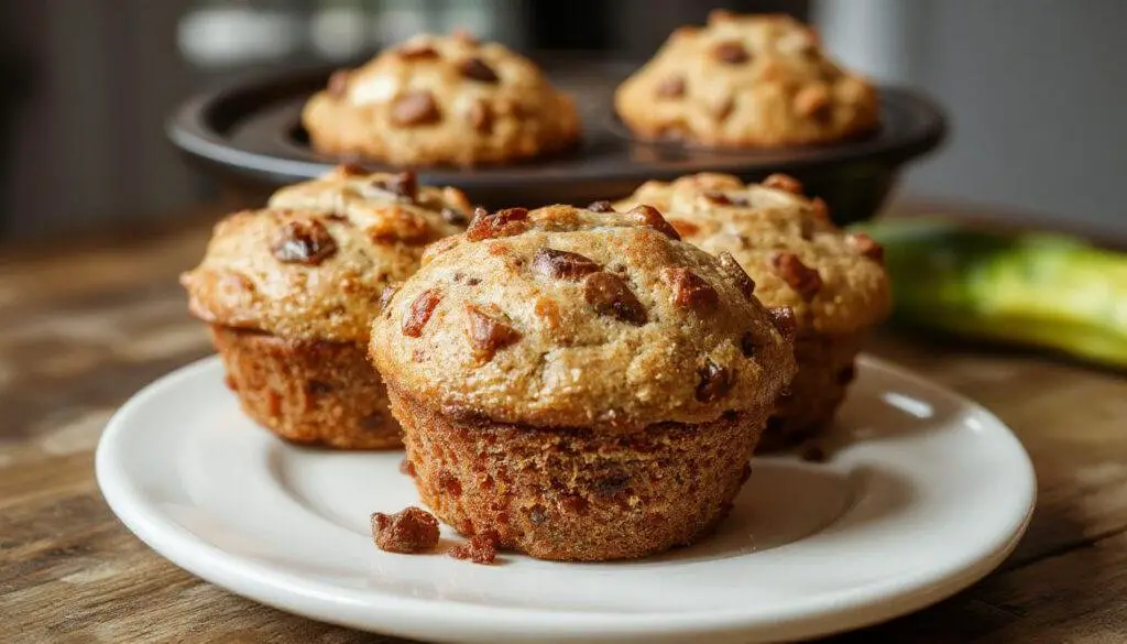 Individual zucchini muffins with golden-brown tops, speckled with tiny green zucchini bits, arranged on a rustic wooden plate. The muffins have a slightly domed, textured surface with hints of cinnamon and nutmeg, and are garnished with a light dusting of powdered sugar and a sprig of mint in the background.