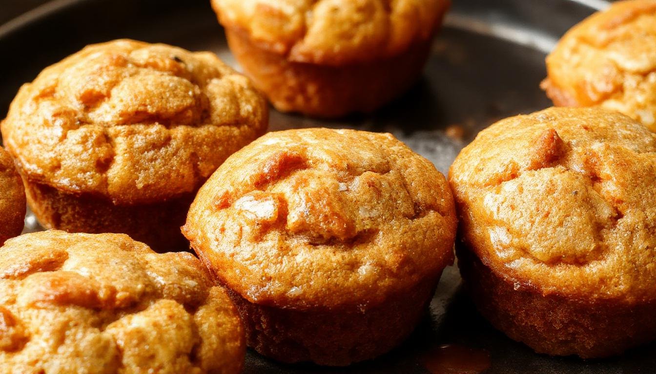 A close-up of a stack of moist, fluffy sweet potato muffins fresh from the oven, golden-brown with a slight crackle on top. The muffins are arranged on a rustic wooden platter with a few crumbs scattered around, highlighting their light, airy texture and appealing color. Soft natural lighting enhances their inviting appearance, with a hint of cinnamon and sweet potato visible in the crumb.
