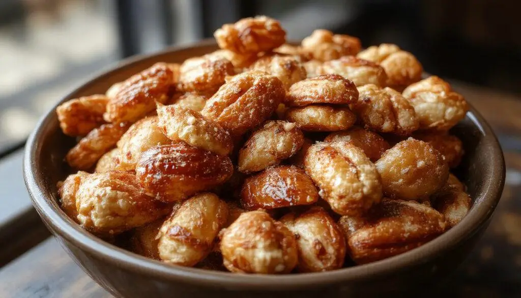 A vibrant bowl of roasted nuts coated with a glossy caramel glaze, garnished with subtle chili flakes and garnished with a sprig of thyme, set against a dark wooden table. The nuts are golden brown with a shiny surface, with some pieces slightly charred for a smoky effect, surrounded by scattered spices and a wand-shaped chocolate piece for thematic flair.