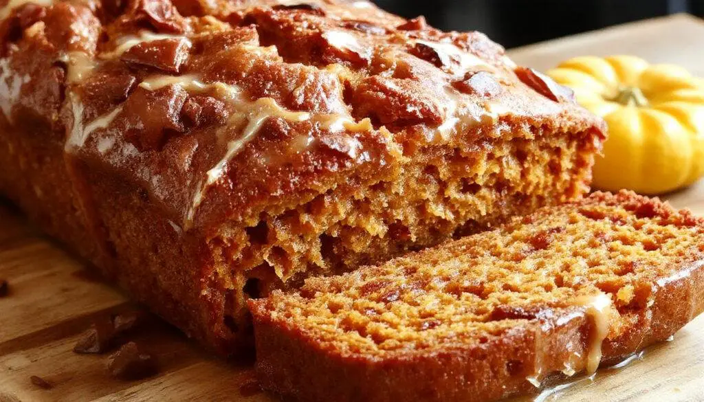 A slice of moist, golden-brown pumpkin bread with a slightly cracked surface, garnished with a sprinkle of powdered sugar. The bread is placed on a rustic wooden plate, with a few pumpkin seeds scattered around. In the background, there is a warm autumn setting with fall leaves and a cozy kitchen ambiance.
