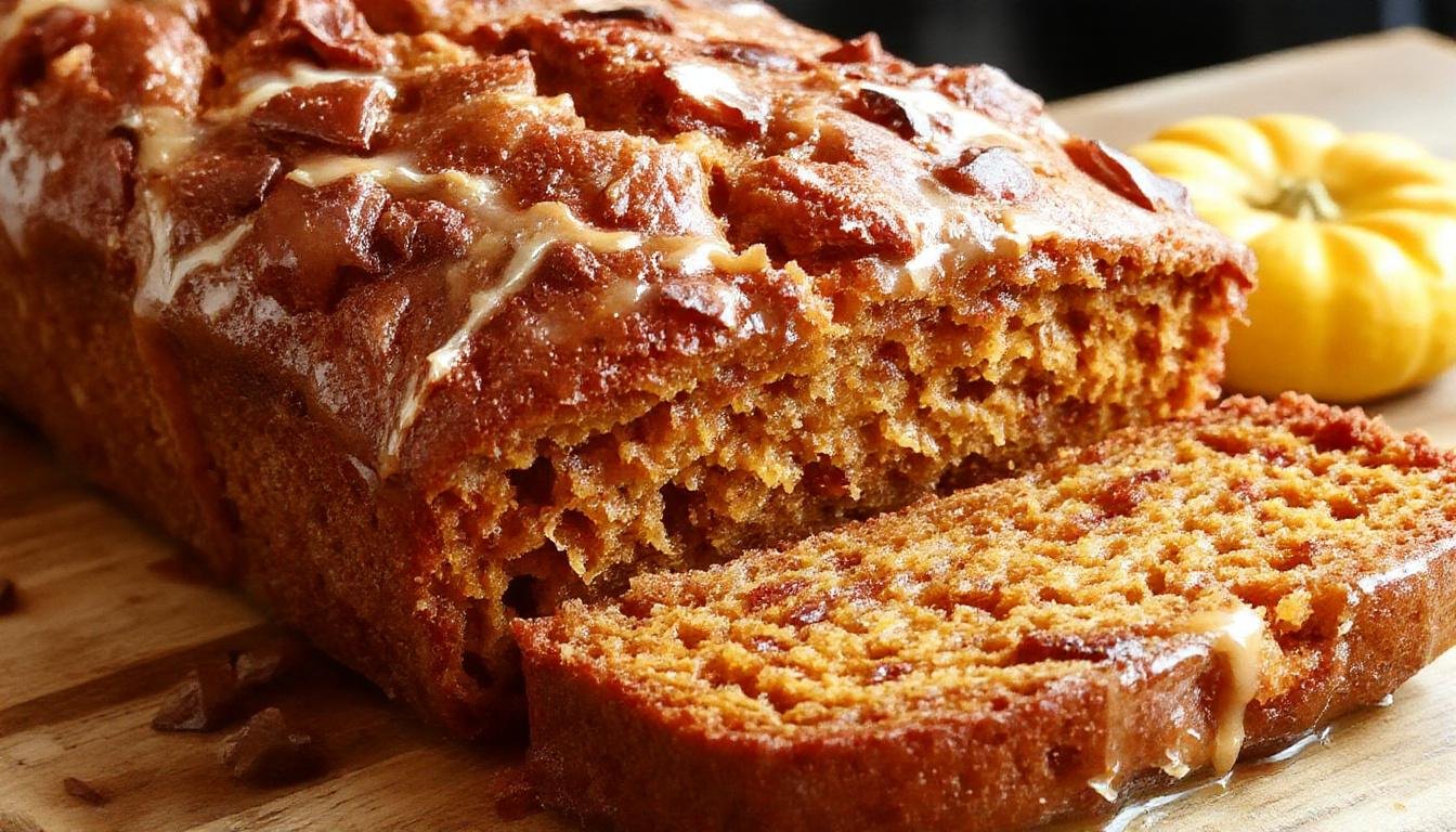 A slice of moist, golden-brown pumpkin bread with a slightly cracked surface, garnished with a sprinkle of powdered sugar. The bread is placed on a rustic wooden plate, with a few pumpkin seeds scattered around. In the background, there is a warm autumn setting with fall leaves and a cozy kitchen ambiance.