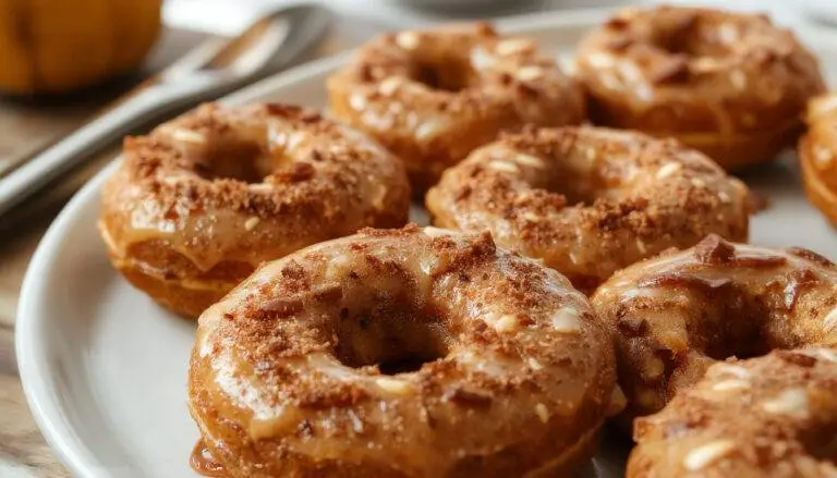 A close-up of three freshly baked pumpkin donuts with a golden-brown exterior, arranged on a rustic white platter. The donuts are dusted lightly with powdered sugar, showcasing their soft, fluffy texture and moist interior. In the background, a small bowl of spiced pumpkin glaze and a few cinnamon sticks are visible, adding warm autumnal accents to the scene.