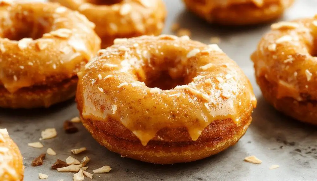 A close-up of golden-brown pumpkin donuts with a light glaze, arranged on a rustic wooden serving board, garnished with a sprinkle of cinnamon and powdered sugar, with a blurred fall-themed background.