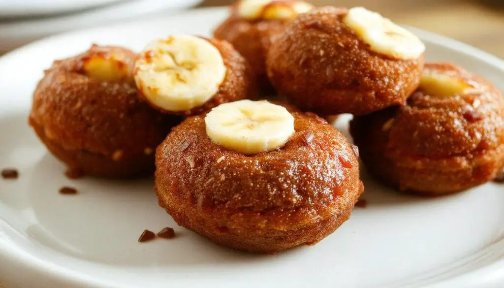 Golden-brown banana donut holes with a slightly crispy exterior and soft interior, arranged on a white platter with a few crumbs scattered around, garnished with a light dusting of cinnamon and sliced bananas in the background.