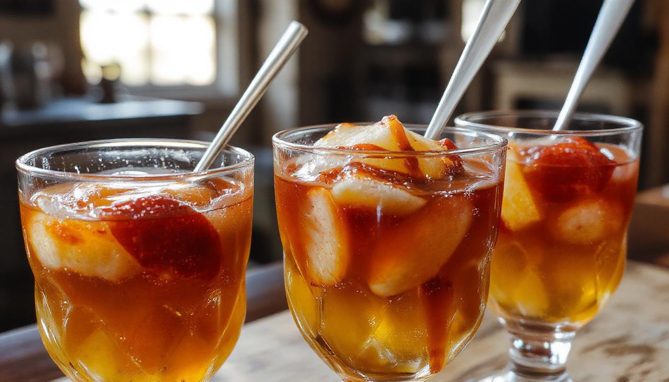 A clear glass pitcher filled with a vibrant amber-colored apple punch, garnished with slices of fresh green and red apples, drizzled with caramel sauce on top. The punch is surrounded by rustic fall decorations including cinnamon sticks and small pumpkins, and the surface is ice-cold with condensation visible on the pitcher.