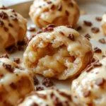 Golden-brown apple pie bombs with a flaky, crispy exterior, filled with warm, cinnamon-spiced apple filling visible through a slightly cracked crust, arranged on a rustic plate with a dusting of powdered sugar and a side of vanilla ice cream, topped with a sprig of fresh mint.