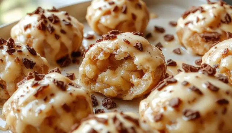 Golden-brown apple pie bombs with a flaky, crispy exterior, filled with warm, cinnamon-spiced apple filling visible through a slightly cracked crust, arranged on a rustic plate with a dusting of powdered sugar and a side of vanilla ice cream, topped with a sprig of fresh mint.