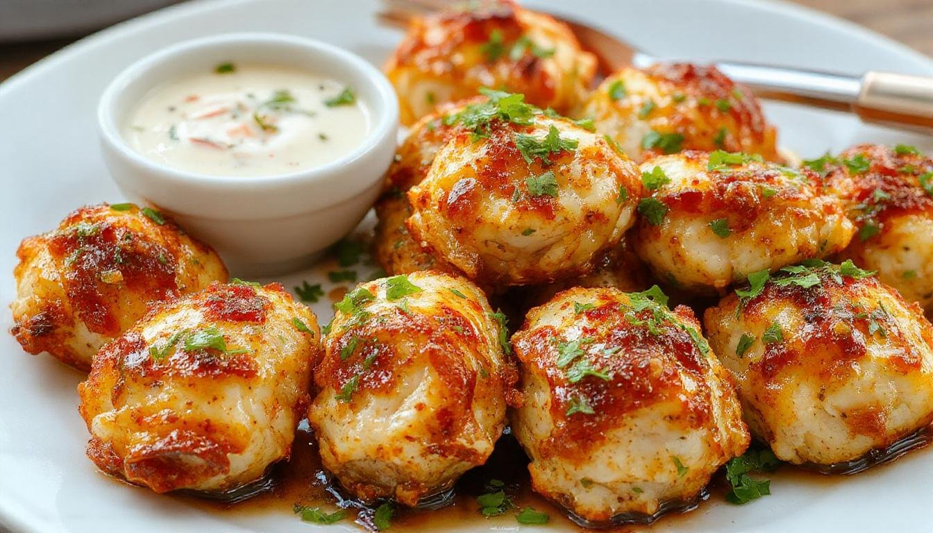 A plate of golden-brown baked chicken bites arranged neatly, garnished with fresh herbs, served on a rustic wooden table with a side of dipping sauces, crispy and juicy textures visible.