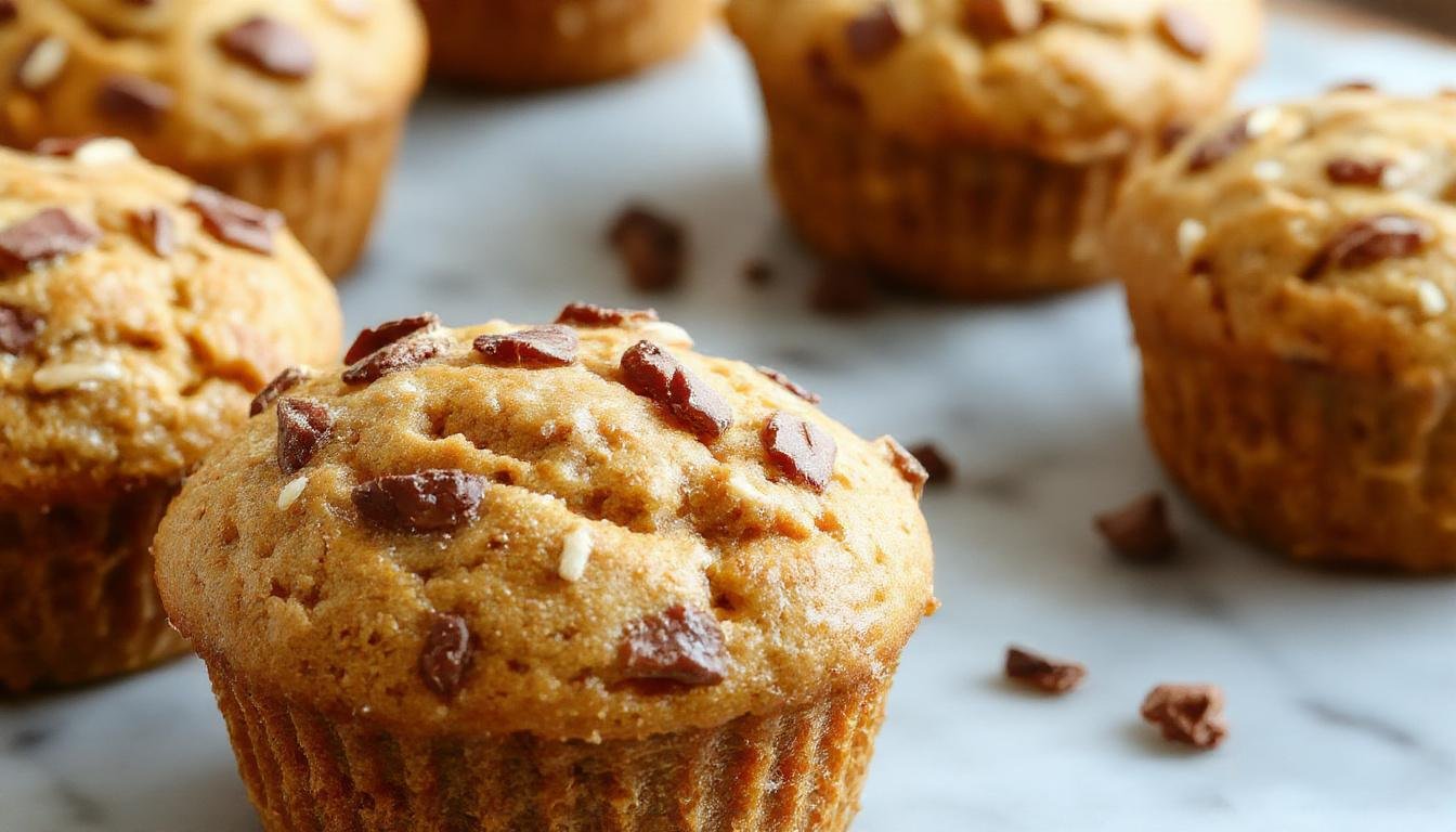 A close-up of a batch of golden-brown bakery-style pumpkin muffins arranged on a rustic wooden platter, topped with a light dusting of powdered sugar and hints of cinnamon. The muffins have a tender crumb with a slight rise and are presented with a few fresh pumpkin seeds and a drizzle of caramel sauce for added appeal.