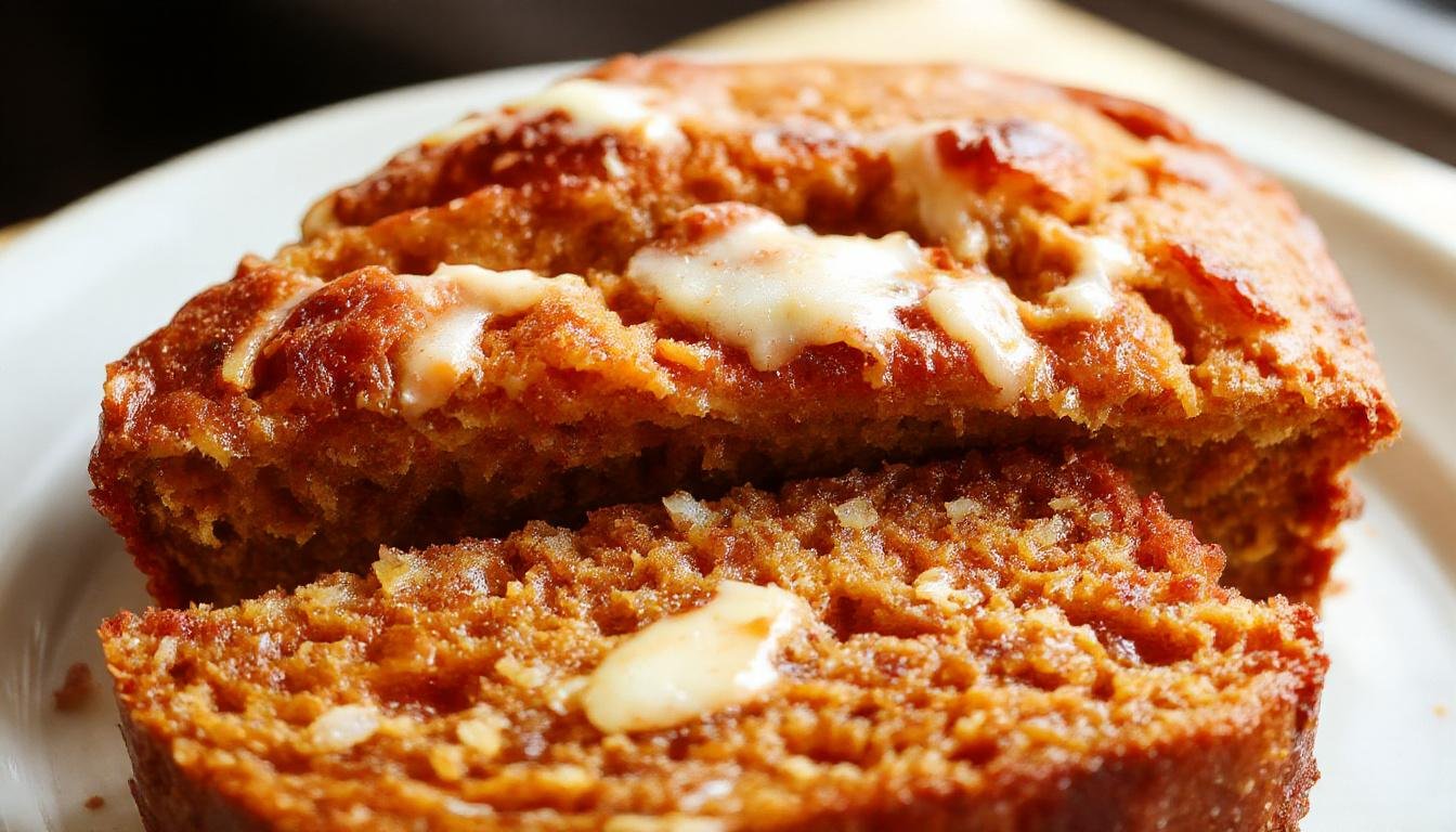 A golden-brown pumpkin bread loaf with a slightly cracked top, sliced to reveal a moist, orange-tinted interior flecked with spices, placed on a rustic wooden surface with a few pumpkin seeds scattered around.