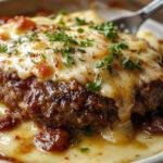 A golden-brown baked casserole in a rustic dish featuring layers of seasoned ground beef, creamy mashed potatoes, melted cheese bubbling on top, garnished with chopped herbs, all arranged neatly to showcase the rich textures and inviting colors.