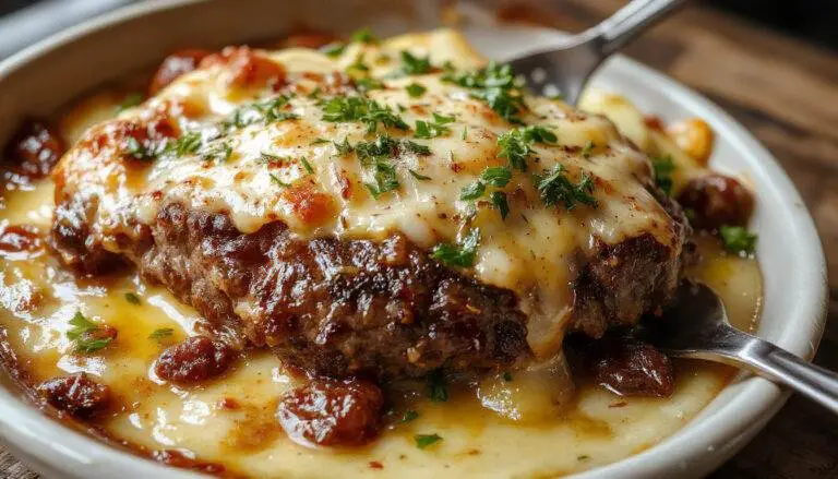 A golden-brown baked casserole in a rustic dish featuring layers of seasoned ground beef, creamy mashed potatoes, melted cheese bubbling on top, garnished with chopped herbs, all arranged neatly to showcase the rich textures and inviting colors.