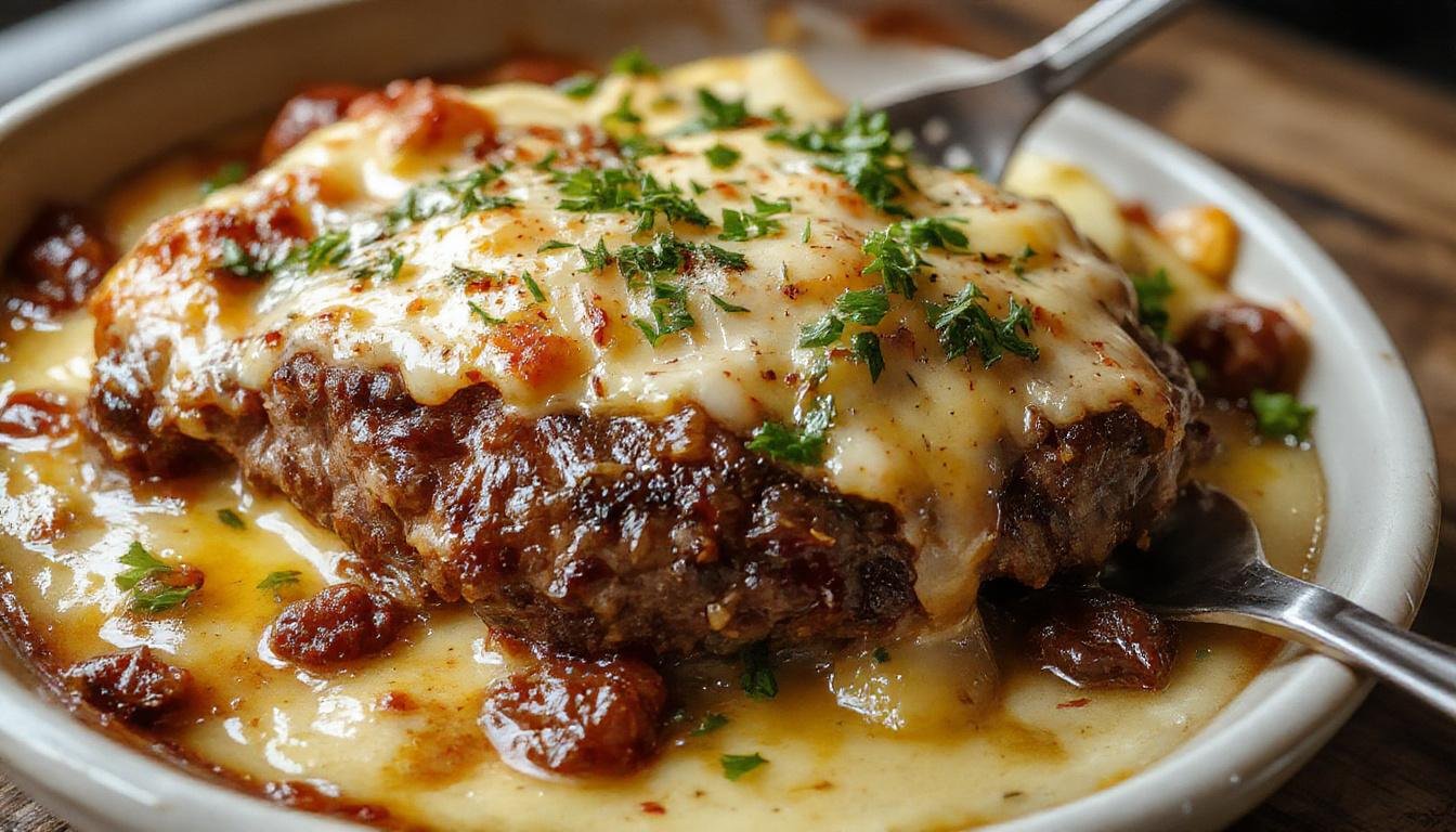 A golden-brown baked casserole in a rustic dish featuring layers of seasoned ground beef, creamy mashed potatoes, melted cheese bubbling on top, garnished with chopped herbs, all arranged neatly to showcase the rich textures and inviting colors.