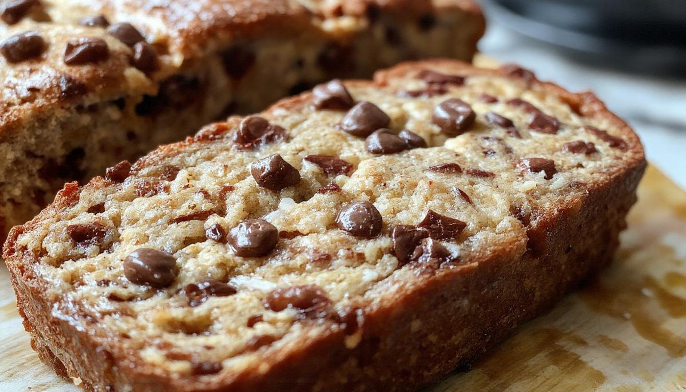 A golden-brown banana bread loaf topped with semi-sweet chocolate chips, sliced to reveal a moist crumb with chunks of bananas and chocolate chips visible inside; the loaf rests on a rustic wooden surface with a few chocolate chips scattered around, evoking a warm, inviting atmosphere.