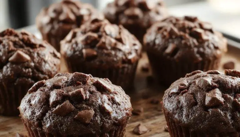 A close-up of a freshly baked chocolate pumpkin muffin topped with a drizzle of chocolate glaze, nestled on a rustic wooden plate with a few pumpkin seeds scattered around, golden-brown crust contrasting with the dark chocolate streaks.