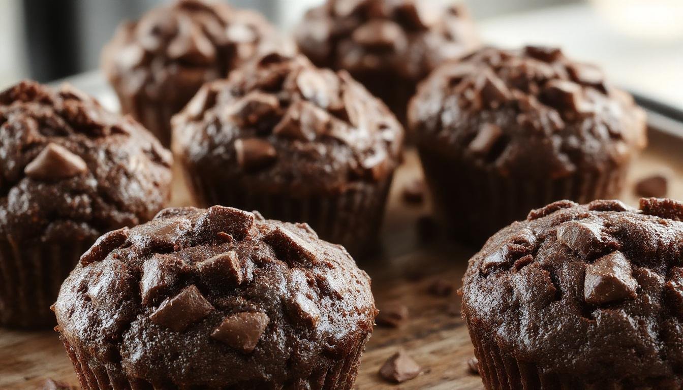 A close-up of a freshly baked chocolate pumpkin muffin topped with a drizzle of chocolate glaze, nestled on a rustic wooden plate with a few pumpkin seeds scattered around, golden-brown crust contrasting with the dark chocolate streaks.