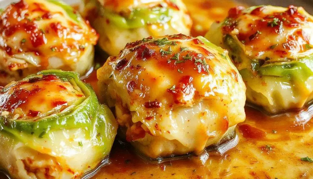 A plate of golden-brown stuffed cabbage rolls arranged neatly, topped with a rich tomato sauce, garnished with fresh parsley. The rolls are tender with visible layers of cabbage and seasoned filling, served alongside a side of steamed vegetables.