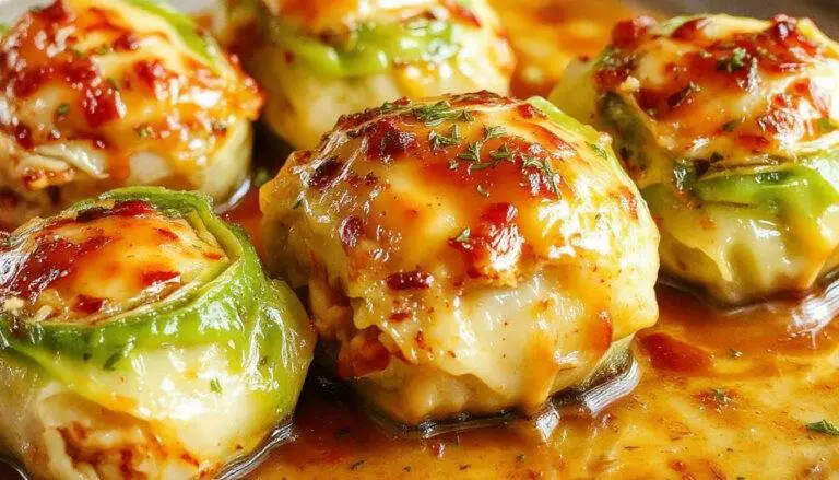 A plate of golden-brown stuffed cabbage rolls arranged neatly, topped with a rich tomato sauce, garnished with fresh parsley. The rolls are tender with visible layers of cabbage and seasoned filling, served alongside a side of steamed vegetables.