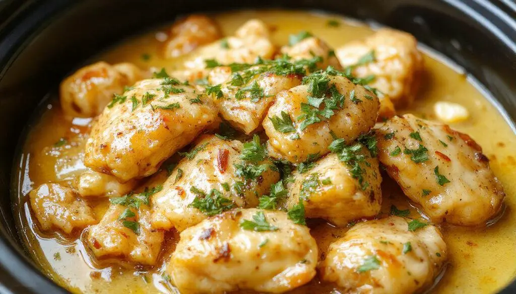 A creamy butter chicken dish served in a rustic white bowl, garnished with fresh cilantro, with a rich orange-brown sauce and tender chicken pieces visible, placed on a wooden table with a spoon beside it.