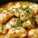 A creamy butter chicken dish served in a rustic white bowl, garnished with fresh cilantro, with a rich orange-brown sauce and tender chicken pieces visible, placed on a wooden table with a spoon beside it.