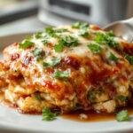 A savory chicken enchilada casserole in a rectangular baking dish topped with melted cheese, garnished with fresh cilantro and sliced jalapenos, with a side of tortilla chips and salsa. The dish showcases vibrant red enchilada sauce, tender shredded chicken, and gooey cheese creating an appetizing, layered presentation.