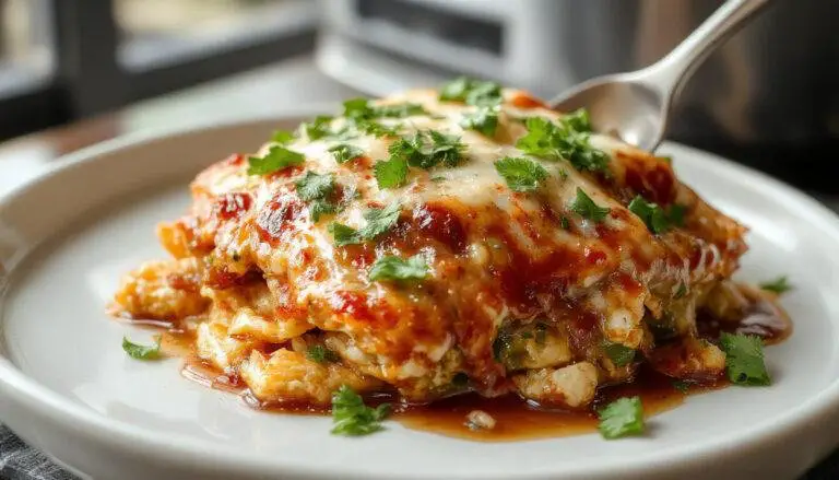 A savory chicken enchilada casserole in a rectangular baking dish topped with melted cheese, garnished with fresh cilantro and sliced jalapenos, with a side of tortilla chips and salsa. The dish showcases vibrant red enchilada sauce, tender shredded chicken, and gooey cheese creating an appetizing, layered presentation.