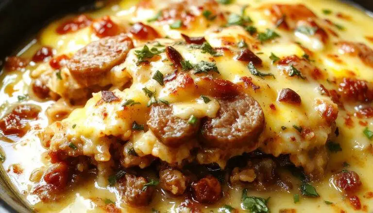 A hearty breakfast casserole served in a rustic bowl, showcasing golden-brown sausage pieces, fluffy scrambled eggs, melted cheese, and crispy potatoes, garnished with fresh herbs, all arranged on a wooden table with a warm, inviting ambiance.