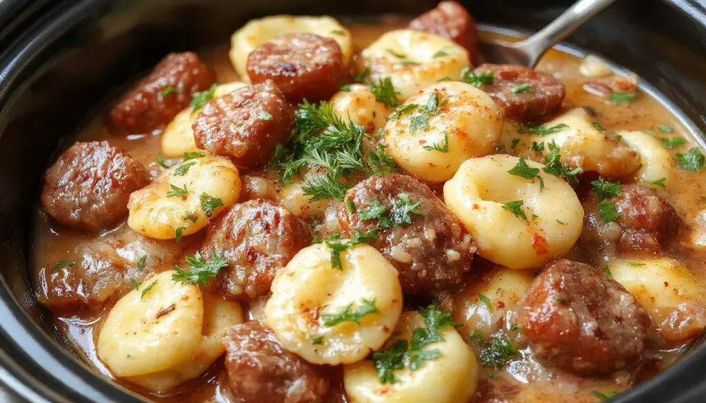 A close-up of a savory crockpot dish featuring plump cheese tortellini generously mixed with sliced sausage and fresh herbs, all garnished with grated cheese and basil on top, served in a rustic white bowl on a wooden surface