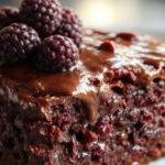 A rich slice of blackberry chocolate cake on a white plate, topped with a glossy chocolate glaze and fresh blackberries. The cake has a moist, layered texture with visible blackberry chunks, and the background features a rustic wooden table with cocoa powder and a few whole blackberries scattered around.