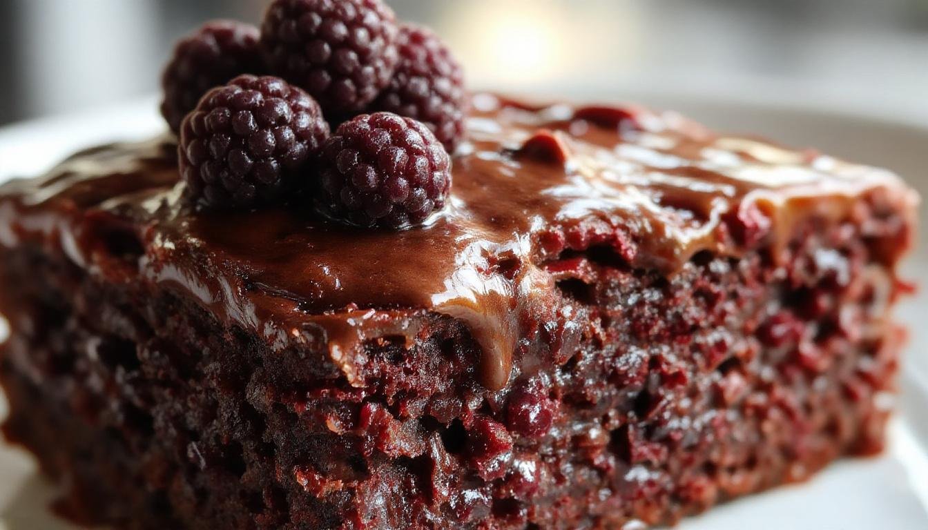 A rich slice of blackberry chocolate cake on a white plate, topped with a glossy chocolate glaze and fresh blackberries. The cake has a moist, layered texture with visible blackberry chunks, and the background features a rustic wooden table with cocoa powder and a few whole blackberries scattered around.