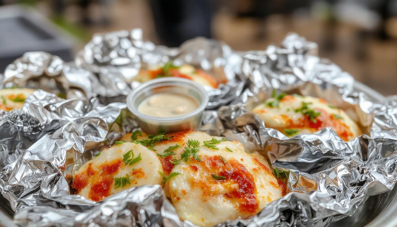 A close-up of a foil packet with grilled vegetables and chunks of meat, golden and slightly charred edges, placed on a rustic wooden surface with a background of a campfire setting.