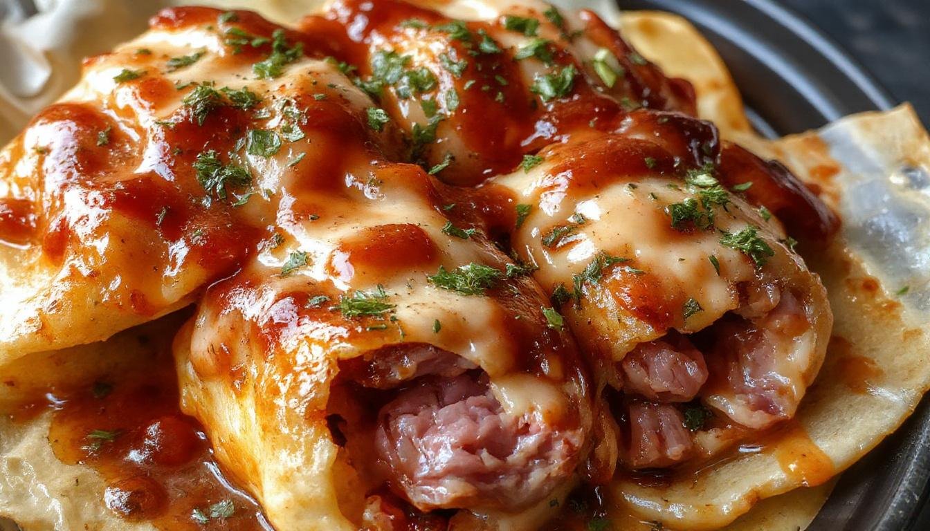 Golden-brown pigs in a blanket arranged on a white platter garnished with fresh herbs, showcasing crispy pastry wrapping around juicy sausage links with a flaky texture.