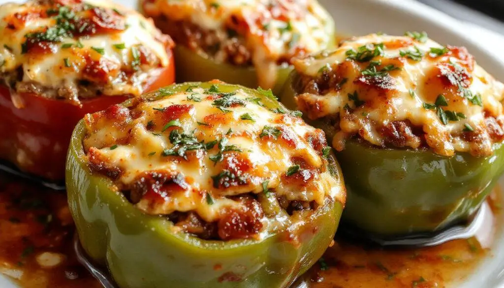 Colorful stuffed peppers arranged on a rustic wooden platter, filled with a hearty mixture of rice, ground meat, and herbs, topped with melted cheese and garnished with fresh parsley. The peppers are vibrant red and green, with a glossy, inviting appearance, showcasing their plump and tender texture.