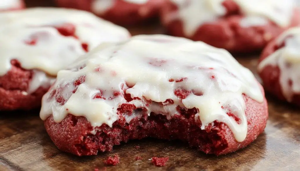 A close-up of frosted red velvet cookies arranged on a white plate, showcasing their vibrant crimson color topped with smooth cream cheese frosting. The cookies have a soft, moist texture with a slight sheen from the frosting, and the background is softly blurred to emphasize the cookies' rich color and appealing decoration.