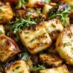 A vibrant assortment of roasted vegetables displayed on a rustic wooden platter, featuring golden-brown zucchini slices, tender orange carrots, and crispy potato wedges garnished with fresh herbs. The vegetables have a glossy, seasoned surface with visible garlic and herb bits, showcasing their crisp edges and colorful interior.