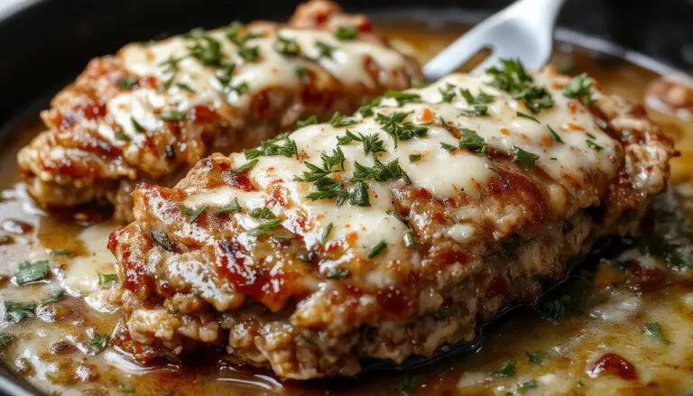 A golden-brown chicken meatloaf garnished with fresh parsley slices, sliced to reveal a moist interior with bits of garlic and melted Parmesan, plated neatly on a white dish with a side of green beans and roasted potatoes, drizzled with a light glaze, presenting a hearty and appetizing look.