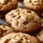 A close-up of golden-brown bakery-style pumpkin muffins topped with a delicate crumb and a swirl of cinnamon glaze, arranged on a rustic wooden platter with a few sprinkled pistachios and cinnamon sticks around for decoration.